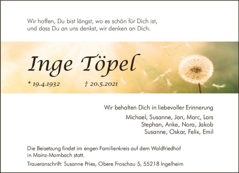  Traueranzeige für Inge Töpel vom 29.05.2021 aus vrm-trauer