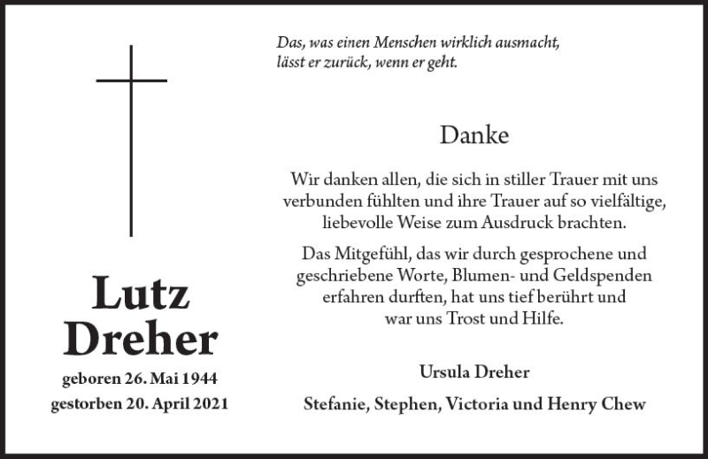  Traueranzeige für Lutz Dreher vom 28.05.2021 aus vrm-trauer