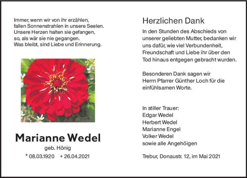  Traueranzeige für Marianne Wedel vom 29.05.2021 aus vrm-trauer