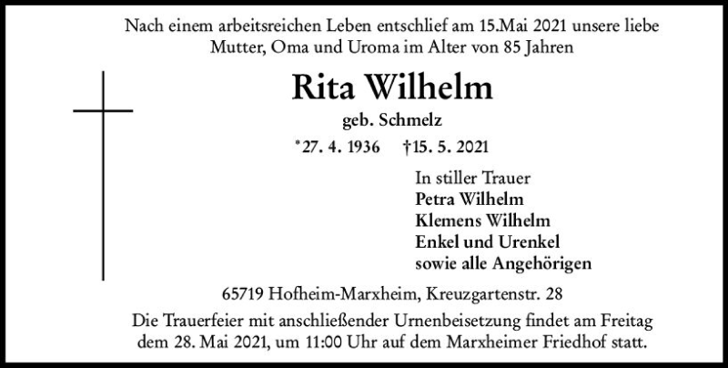  Traueranzeige für Rita Wilhelm vom 21.05.2021 aus vrm-trauer