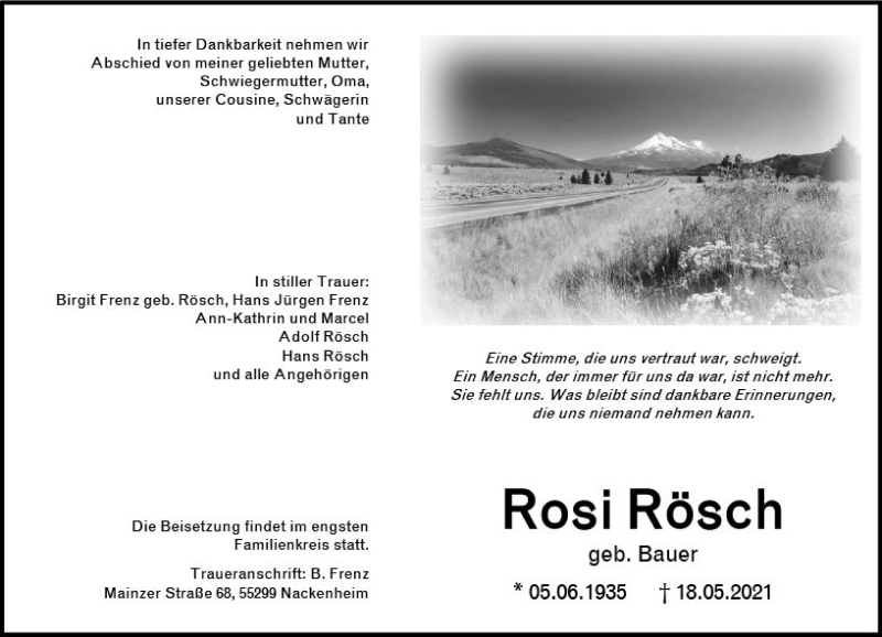  Traueranzeige für Rosi Rösch vom 22.05.2021 aus vrm-trauer