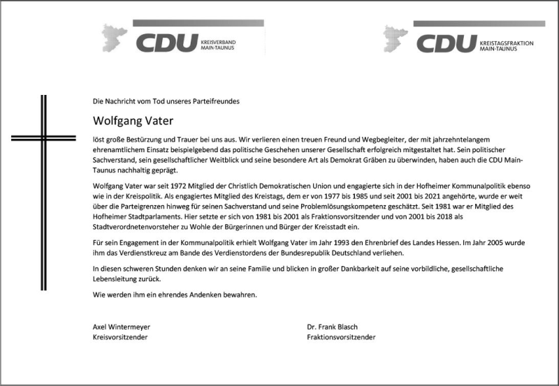  Traueranzeige für Wolfgang Vater vom 21.05.2021 aus vrm-trauer