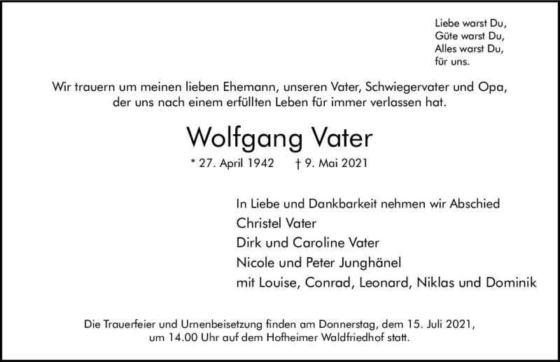  Traueranzeige für Wolfgang Vater vom 21.05.2021 aus vrm-trauer