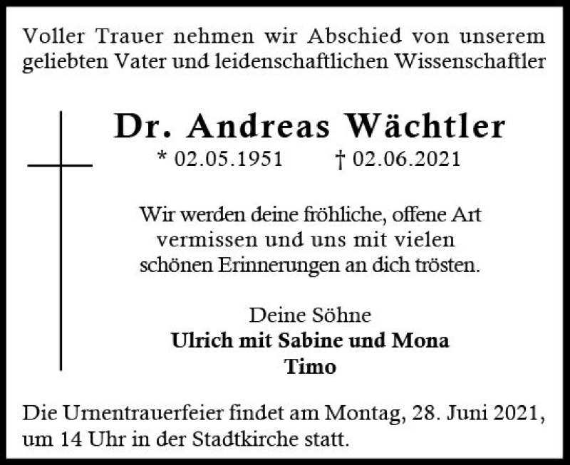  Traueranzeige für Andreas Wächtler vom 12.06.2021 aus vrm-trauer