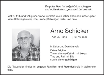 Traueranzeige von Arno Schicker von vrm-trauer