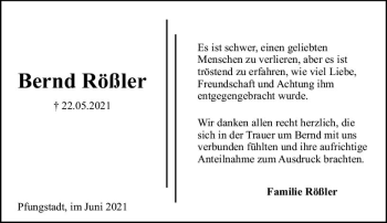 Traueranzeige von Bernd Rößler von vrm-trauer