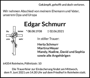 Traueranzeige von Edgar Schmurr von vrm-trauer