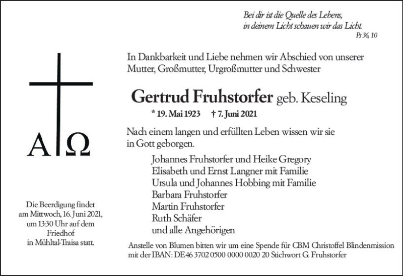  Traueranzeige für Gertrud Fruhstorfer vom 12.06.2021 aus vrm-trauer