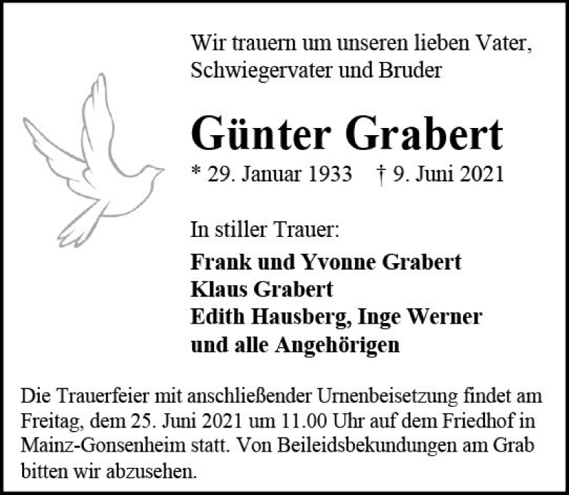  Traueranzeige für Günter Grabert vom 19.06.2021 aus vrm-trauer