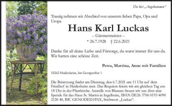 Traueranzeige von Hans Karl Luckas von vrm-trauer