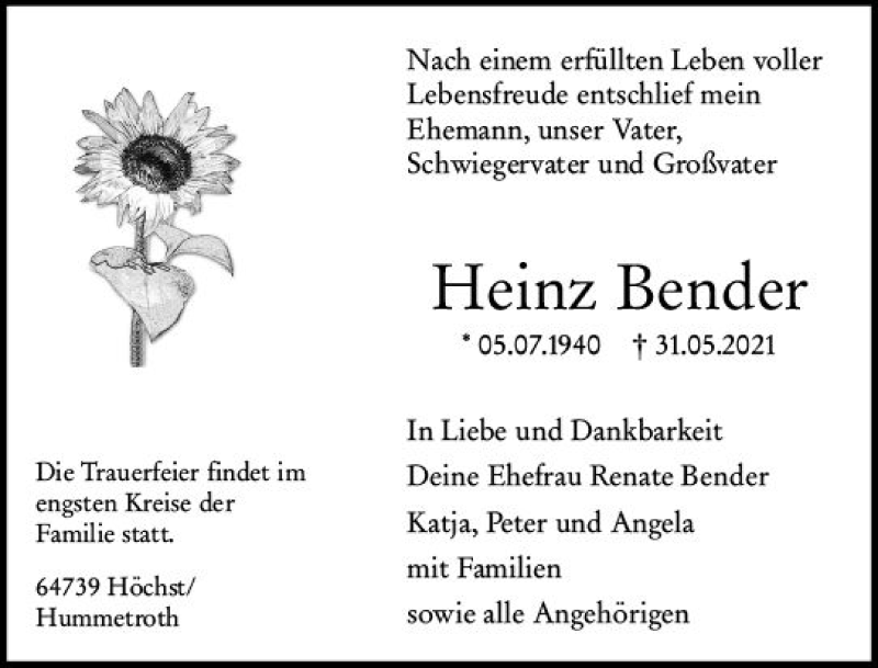  Traueranzeige für Heinz Bender vom 04.06.2021 aus vrm-trauer
