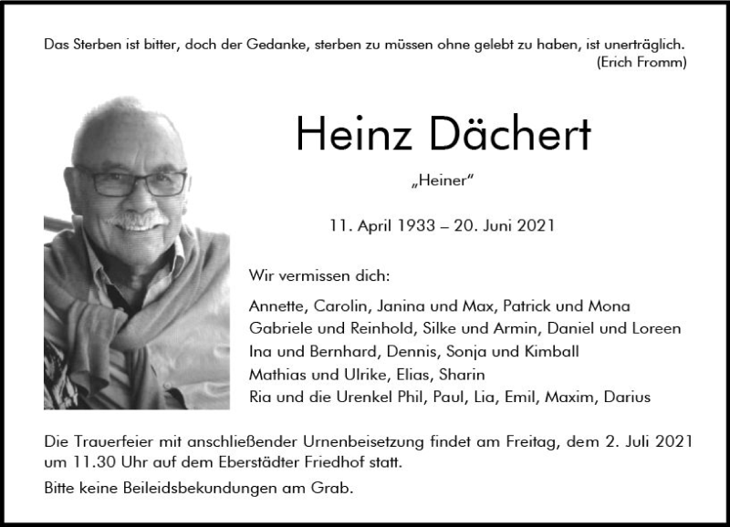  Traueranzeige für Heinz Dächert vom 26.06.2021 aus vrm-trauer