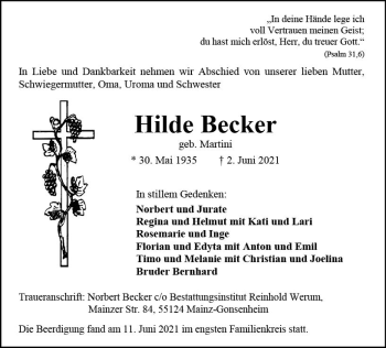 Traueranzeige von Hilde Becker von vrm-trauer