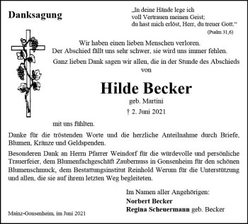 Traueranzeige von Hilde Becker von vrm-trauer