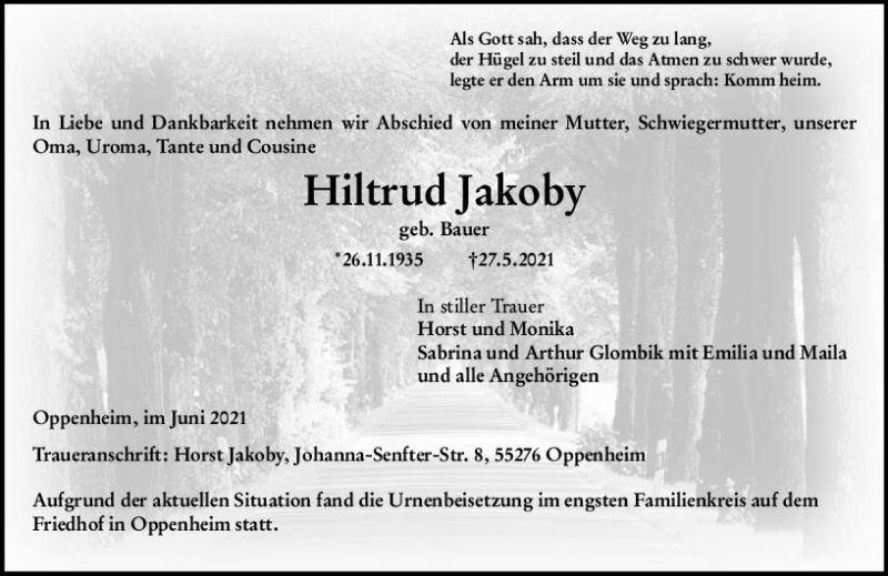  Traueranzeige für Hiltrud Jakoby vom 12.06.2021 aus vrm-trauer