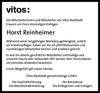 Traueranzeige von Horst Reinheimer von vrm-trauer