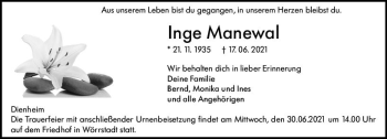 Traueranzeige von Inge Manewal von vrm-trauer