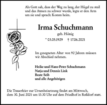Traueranzeige von Irma Schuchmann von vrm-trauer