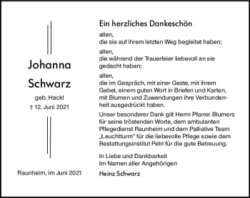 Traueranzeige von Johanna Schwarz von vrm-trauer