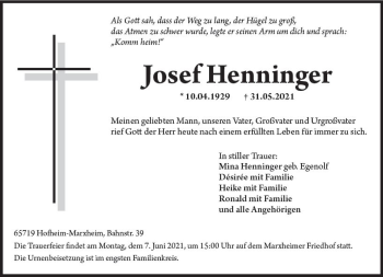 Traueranzeige von Josef Henninger von vrm-trauer