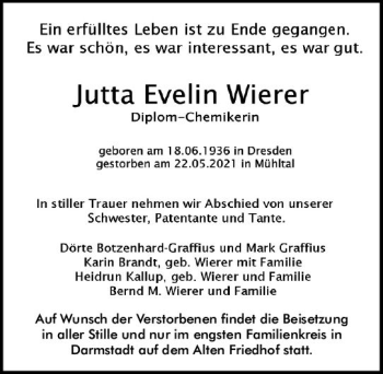 Traueranzeige von Jutta Evelin Wierer von vrm-trauer