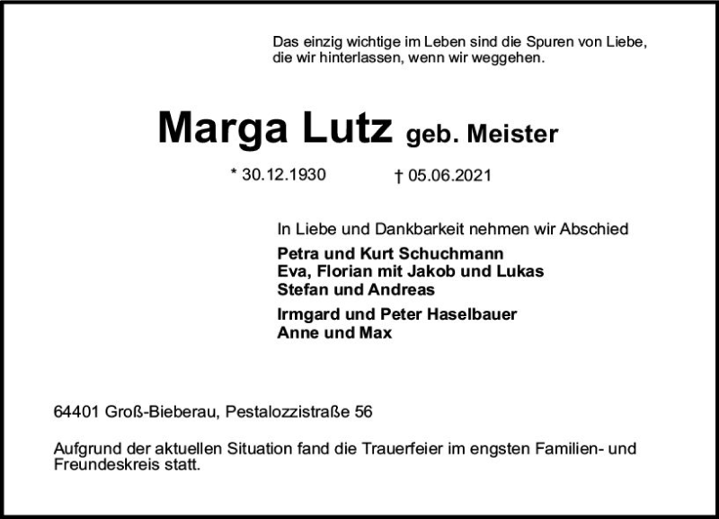  Traueranzeige für Marga Lutz vom 12.06.2021 aus vrm-trauer