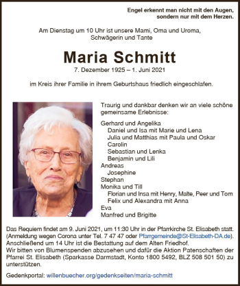 Traueranzeige von Maria Schmitt von vrm-trauer