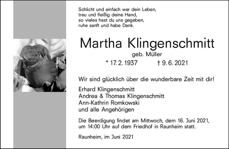  Traueranzeige für Martha Klingenschmitt vom 12.06.2021 aus vrm-trauer