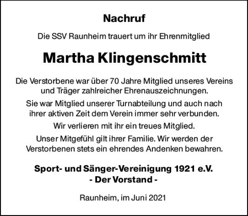  Traueranzeige für Martha Klingenschmitt vom 15.06.2021 aus vrm-trauer