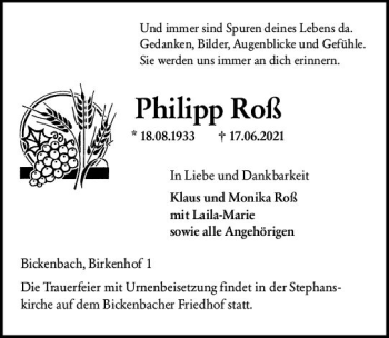 Traueranzeige von Philipp Roß von vrm-trauer