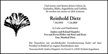 Traueranzeige von Reinhold Dietz von vrm-trauer