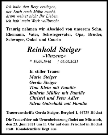 Traueranzeige von Reinhold Steiger von vrm-trauer