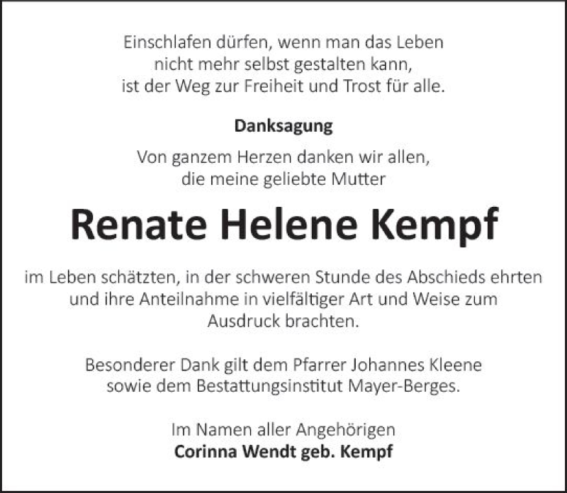  Traueranzeige für Renate Helene Kempf vom 16.06.2021 aus vrm-trauer