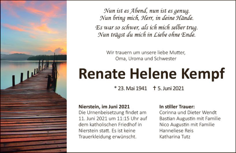  Traueranzeige für Renate Helene Kempf vom 10.06.2021 aus vrm-trauer