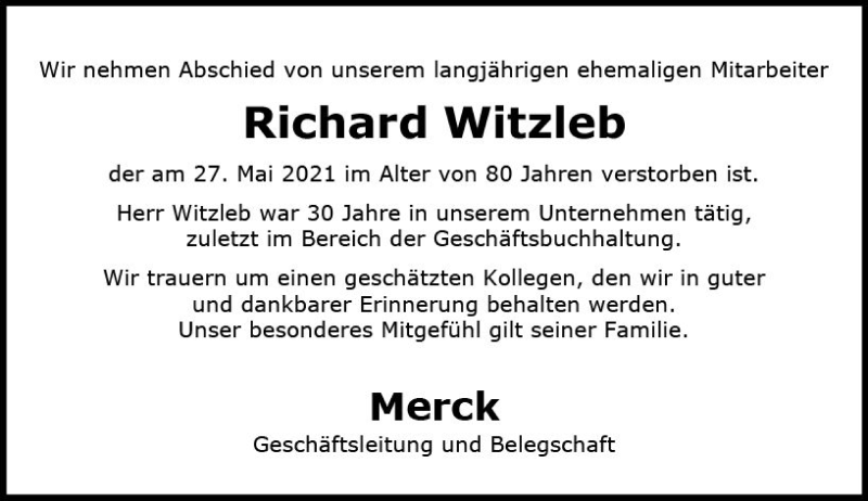  Traueranzeige für Richard Witzleb vom 12.06.2021 aus vrm-trauer