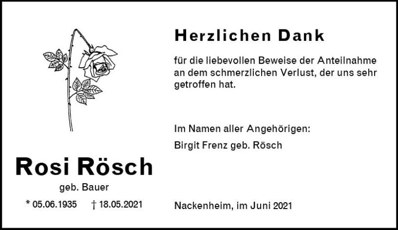  Traueranzeige für Rosi Rösch vom 05.06.2021 aus vrm-trauer