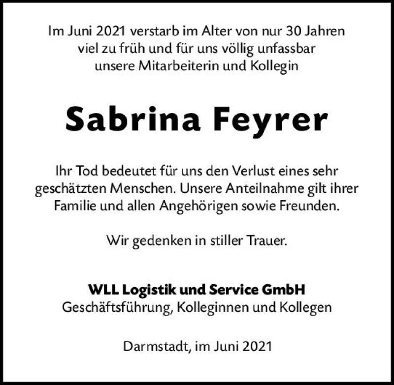  Traueranzeige für Sabrina Feyrer vom 30.06.2021 aus vrm-trauer