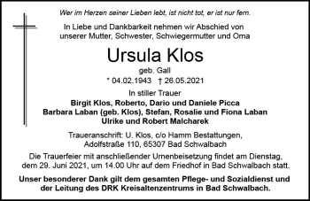 Traueranzeige von Ursula Klos von vrm-trauer