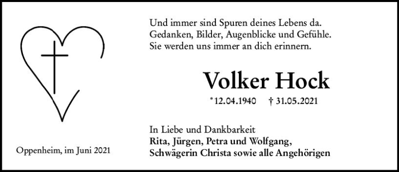  Traueranzeige für Volker Hock vom 12.06.2021 aus vrm-trauer