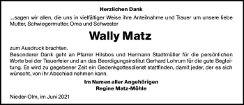 Traueranzeige von Wally Matz von vrm-trauer