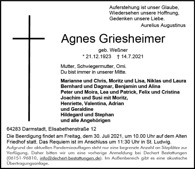  Traueranzeige für Agnes Griesheimer vom 24.07.2021 aus vrm-trauer