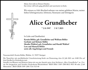 Traueranzeige von Alice Grundheber von vrm-trauer