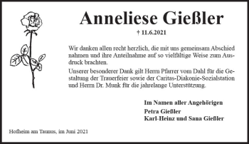 Traueranzeige von Anneliese Gießler von vrm-trauer