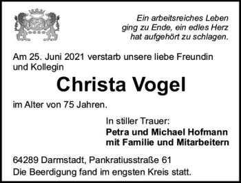Traueranzeige von Christa Vogel von vrm-trauer