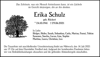 Traueranzeige von Erika Schulz von vrm-trauer