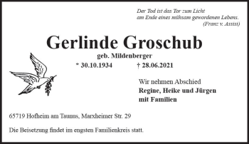 Traueranzeige von Gerlinde Groschub von vrm-trauer