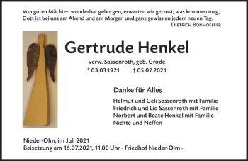 Traueranzeige von Gertrude Henkel von vrm-trauer