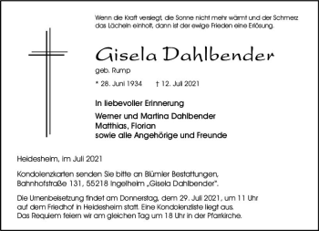 Traueranzeige von Gisela Dahlbender von vrm-trauer