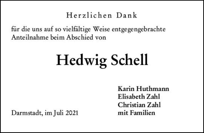  Traueranzeige für Hedwig Schell vom 10.07.2021 aus vrm-trauer