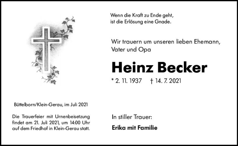  Traueranzeige für Heinz Becker vom 17.07.2021 aus vrm-trauer